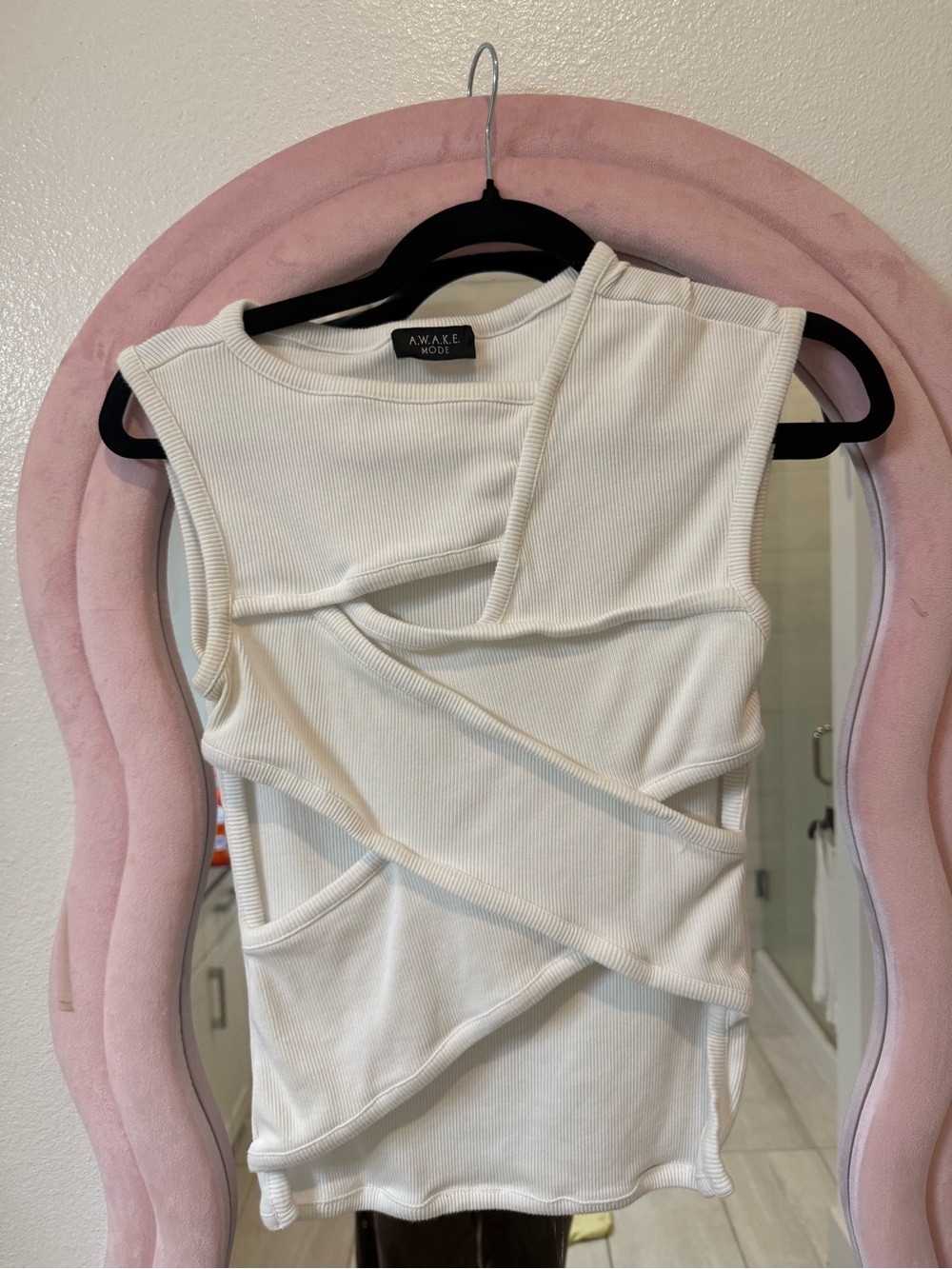Awake Mode White Sleeveless Ribbed Twist-Detail Top with cut outs